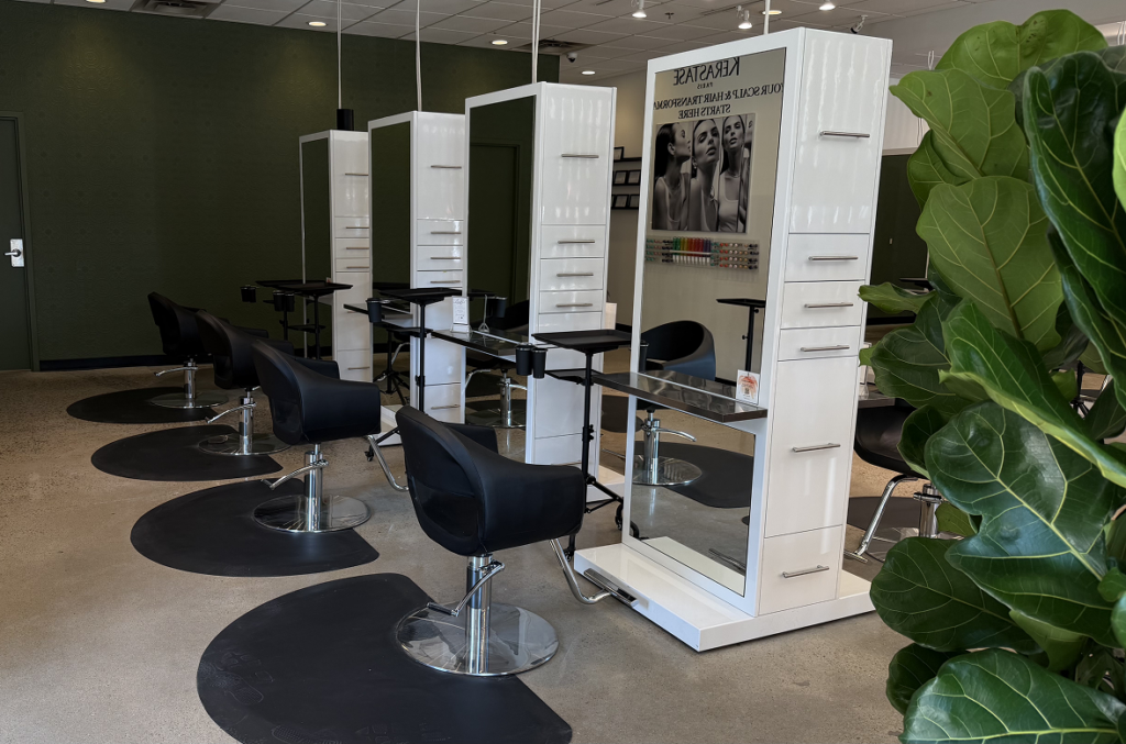 A modern hair salon interior with four black styling chairs, white workstations, mirrors, and a leafy plant in the foreground. Shelves display hair products and nail polish. | Salon Blonde in Columbia, TN, Spring Hill, TN, Franklin, TN