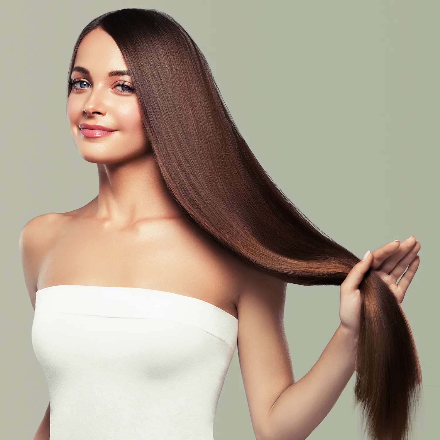 A woman in a white tube top holding a section of her long, smooth brown hair. | Salon Blonde in Columbia, TN, Spring Hill, TN, Franklin, TN